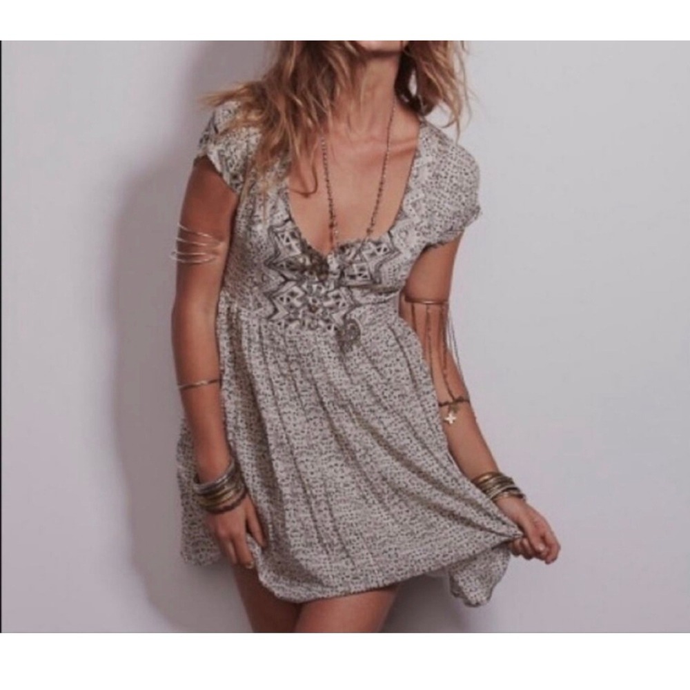 Free People Cream Mini Dress with Subtle Taupe Print